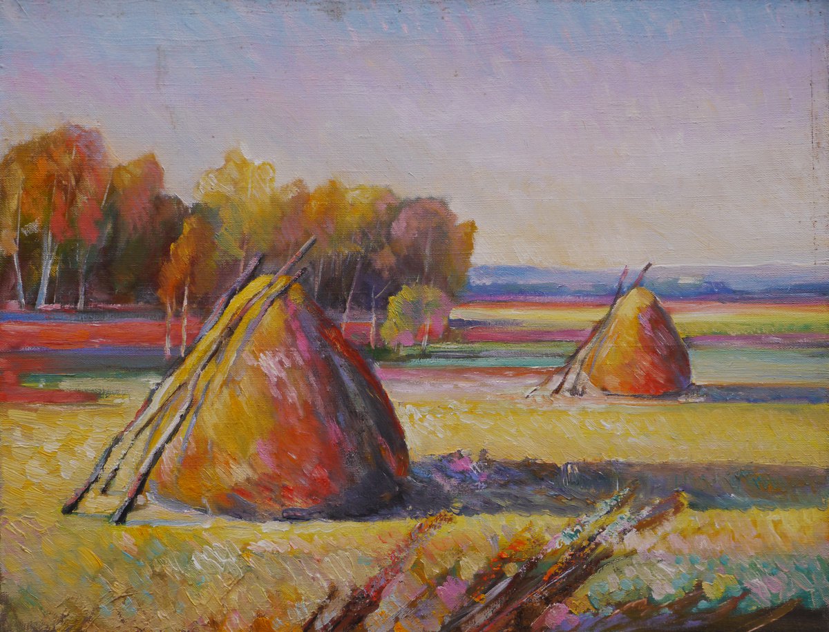 Impressionistic Landscape Oil Painting By Vyacheslav Onyshchenko, 26 X 20", Stacks, Original Artwork
