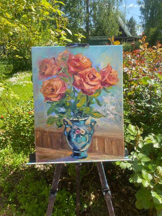 Roses in a vase, 35*45cm, impressionistic flowers oil painting in pink and turquoise