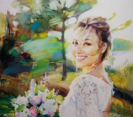 Commission artistic portrait. Portrait of the bride. Romantic portrait. Oil on canvas.