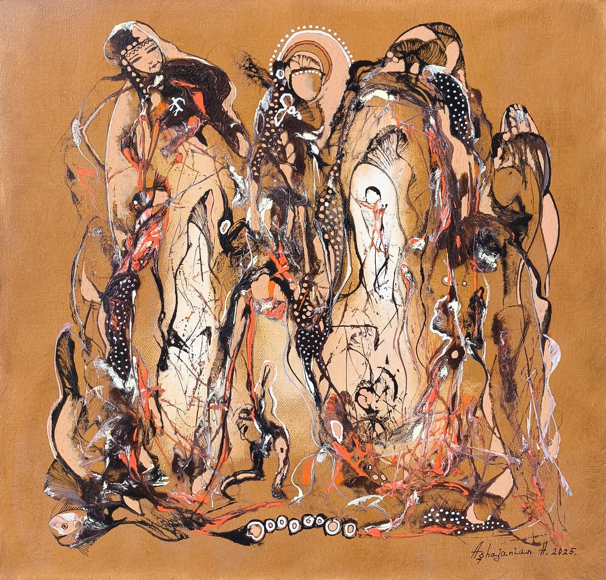 Abstract Portrait Oil Painting By Harutyun Aghajanyan, 20 X 20, Hidden Stories, Original Artwork