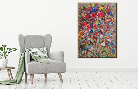 FLOWERING BUSH - floral art, abstract vivid original oil panting large size, interior art, home office decor