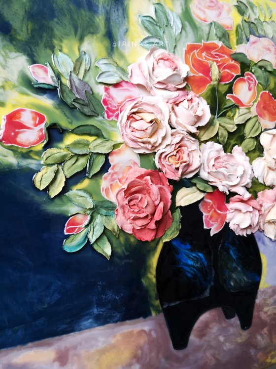 Renoir roses - are beautiful flowers that have turned from a painting into a bas-relief, 100x70x6 cm deep.