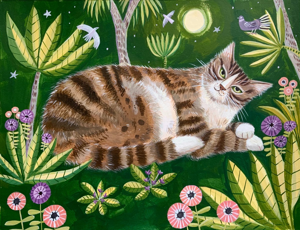 Illustrative Animal Acrylic Painting By Mary Stubberfield, 15 X 12", Garden Tabby, Original Artwork