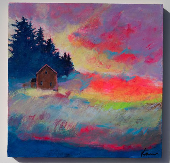 Tucked Away 10x10" Colorful Abstract Country Landscape Painting