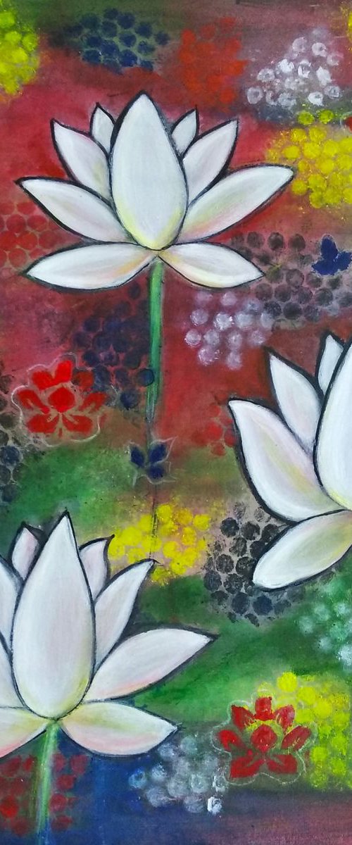 Lotus Trio a vibrant abstract  painting by Manjiri Kanvinde