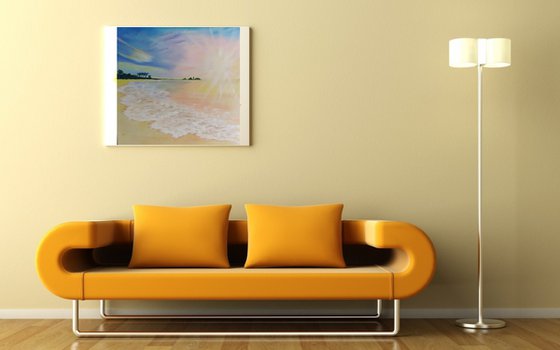 Sunny holiday, original seascape sunrise oil painting, bedroom art, gift idea