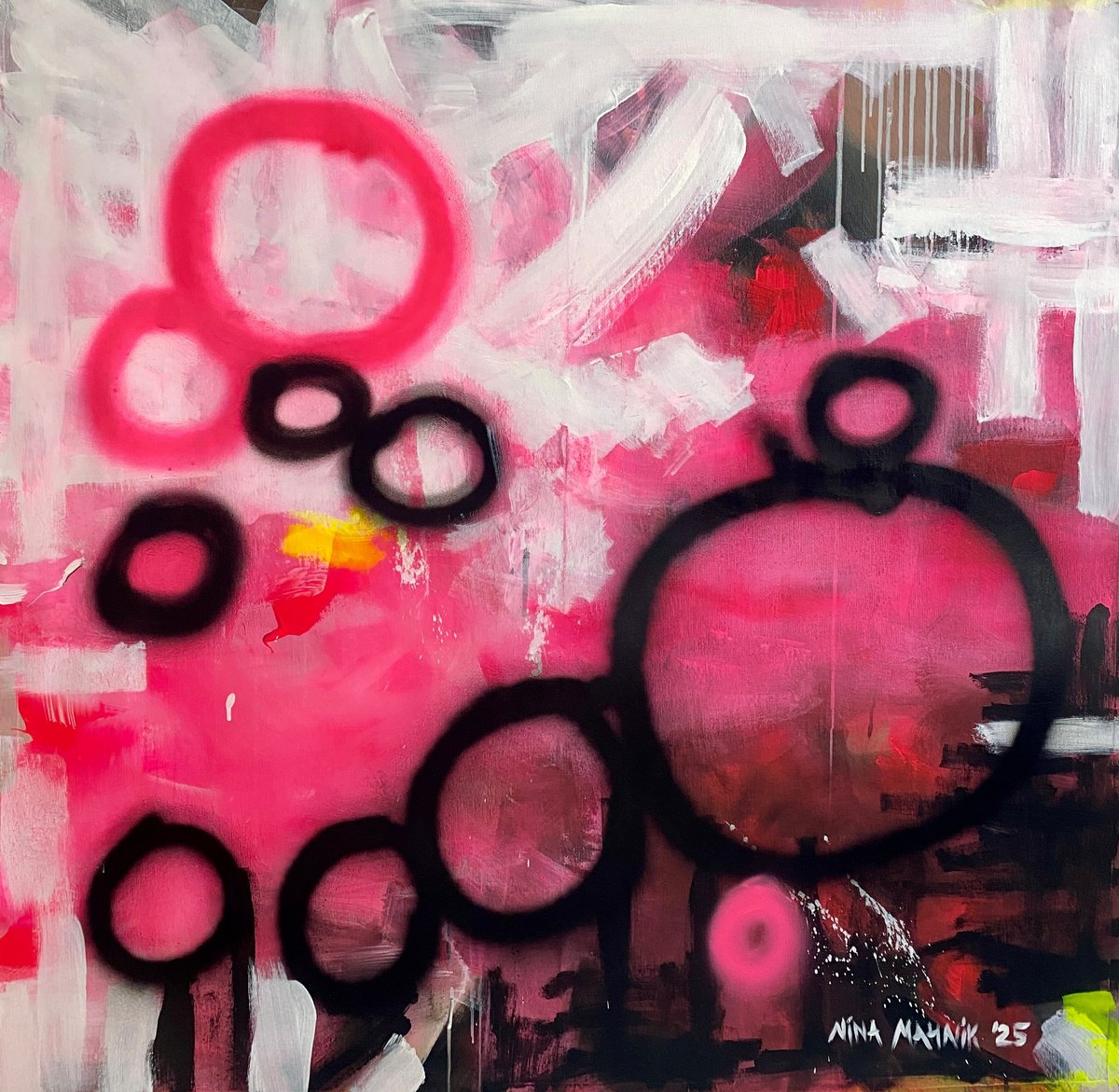 Abstract Acrylic Painting By Nina Mahnik, 39 X 39", Cheri Cheri Lady, Original Artwork