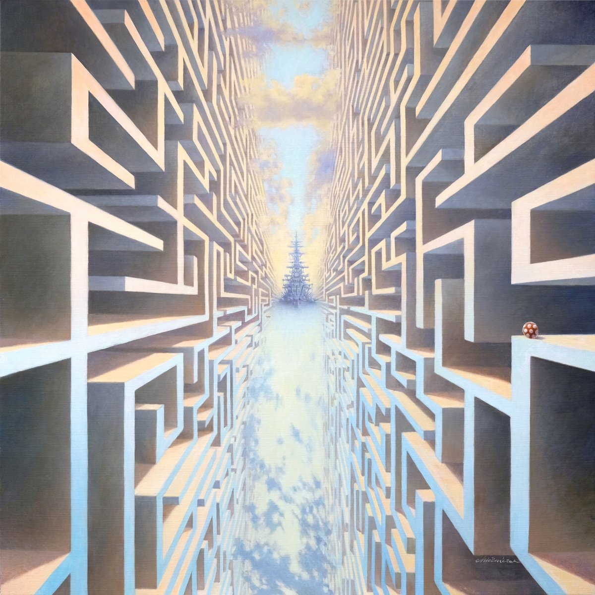 Surrealistic Landscape Oil Painting By Richard Mierniczak, 47 X 47", What A Beatiful Day, Original Artwork