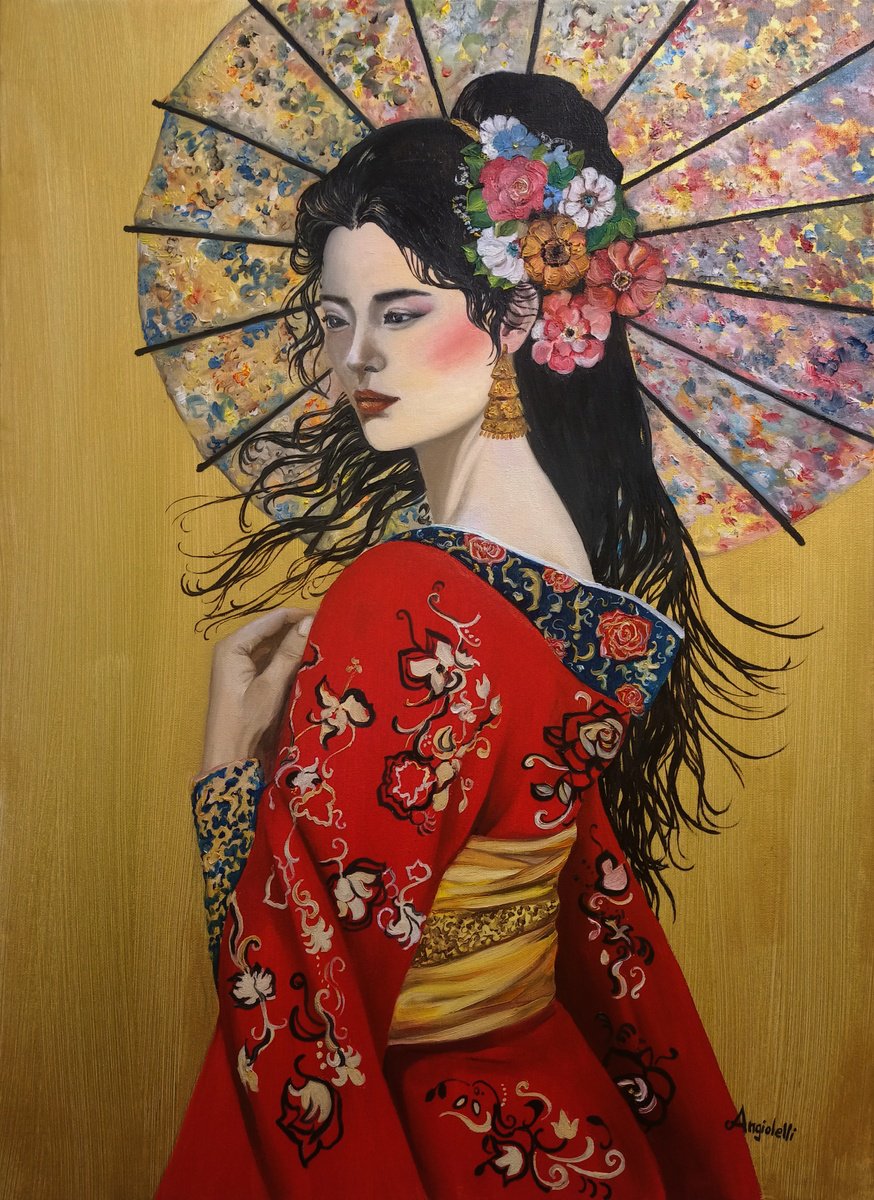 Photorealistic Painting , Geisha In A Red Kimono By Anna Rita Angiolelli, 22 X 30, Artwork For Sale On Artfinder