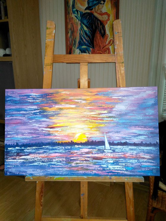 Ocean Painting Sailboat Original Art Nautical Oil Impasto Artwork Sea Canvas Wall Art 27 by 16"by Halyna Kirichenko
