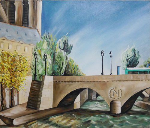 Oil Painting on canvas, SAINT MICHEL Bridge PARIS ( youth artwork ) by Lionel Le Jeune