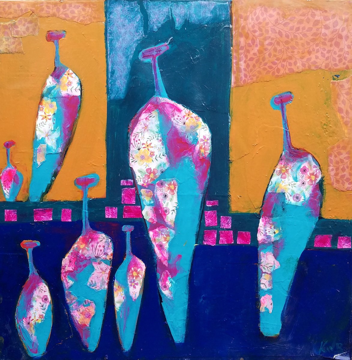 Naive Still Life Painting By Kevin Blake, 24 X 24", Vintage Floral Feelings, Original Artwork