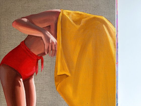 Girl with Yellow Towel - Woman on Beach Painting