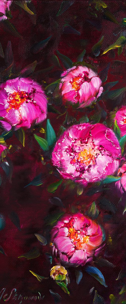 EVENING THICKETS OF PEONIES - Pink flowers. Dark background. Hand painting. Vintage. Drama. Night. Personify. by Marina Skromova