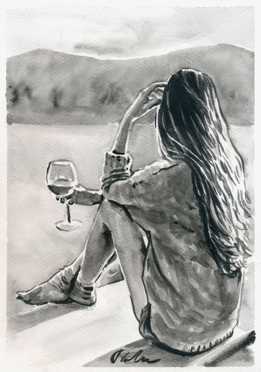 Urban And Pop Portrait Ink Drawing By Tashe, 8 X 12", Relaxing Weekend, Original Artwork