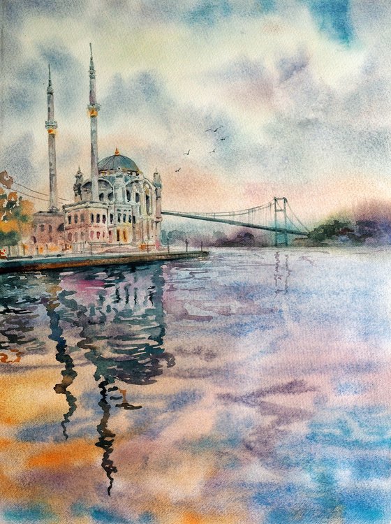 View of Ortakoy Mosque in Istanbul - original watercolor