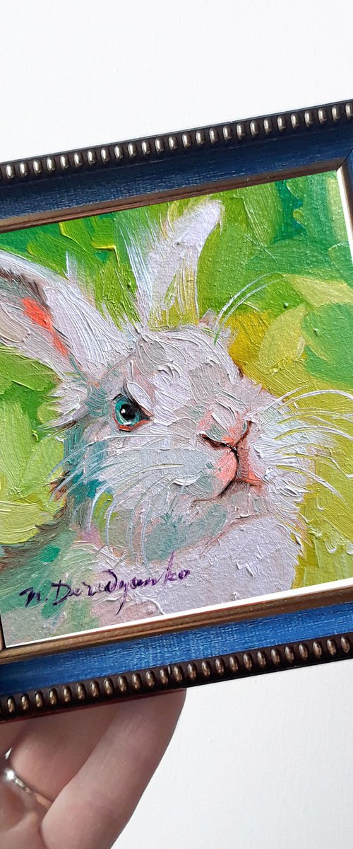 White rabbit painting original framed 4x4, Small painting framed rabbit artwork by Nataly Derevyanko