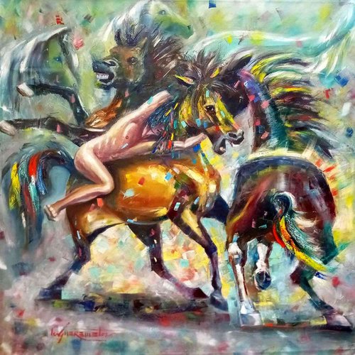 Dynamic Horse Painting 'Rapa das Bestas' Galician Festival, Impressionistic Oil Painting by Ion Sheremet