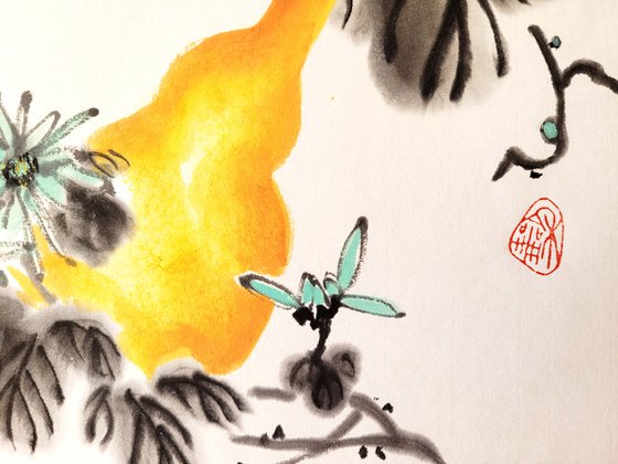 Calabash bottle gourd and chrysanthemum - Pumpkin series No. 05 - Oriental Chinese Ink Painting