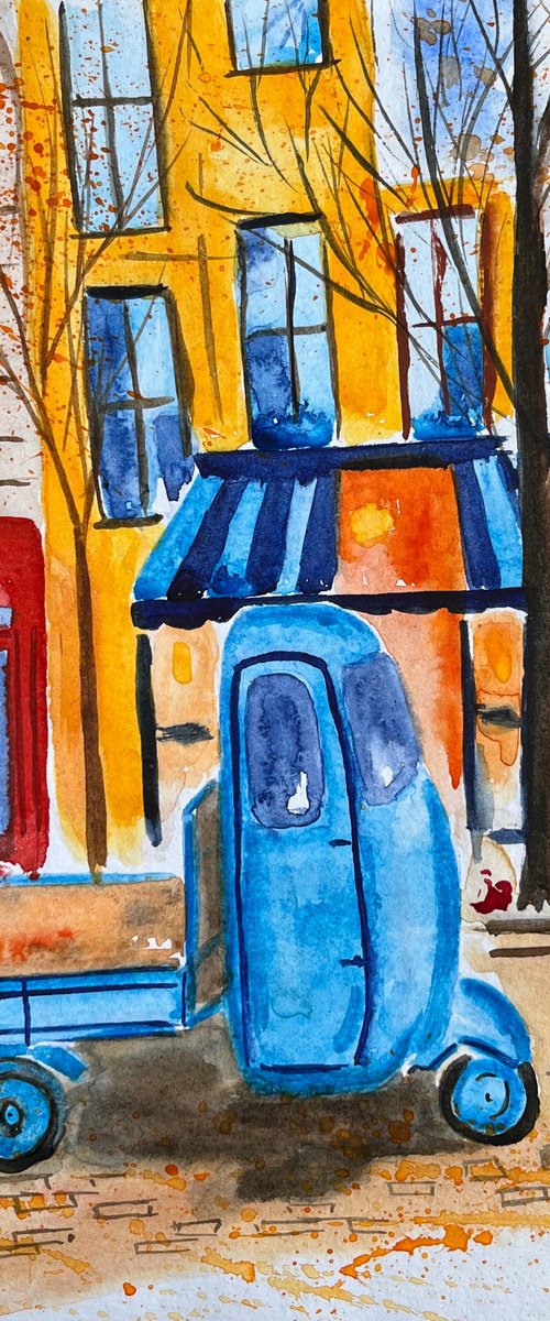Car Painting Lorry Original Art Blue Truck Watercolor Artwork Cityscape Home Wall Art 8 by 12" by Halyna Kirichenko by Halyna Kirichenko