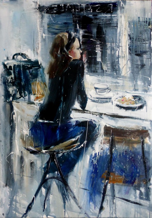 One Girl In A Cafe Oil Painting On Canvas 70x10 Artfinder