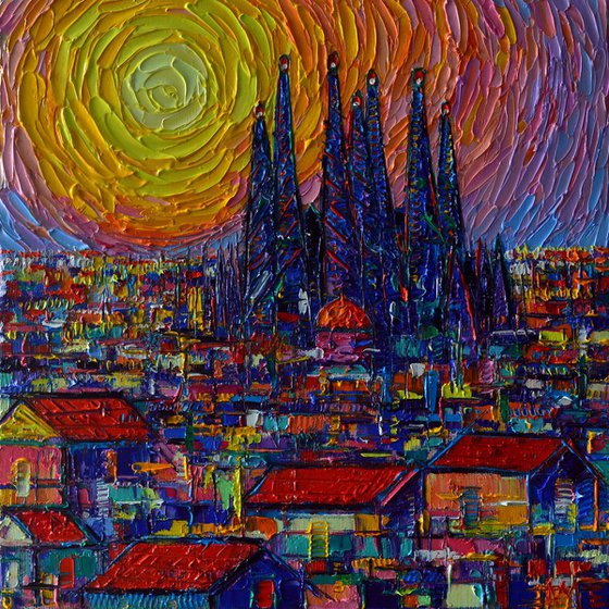 ABSTRACT BARCELONA COLORFUL SUNSET OVER SAGRADA FAMILIA  abstract stylized cityscape impasto contemporary impressionist palette knife oil painting