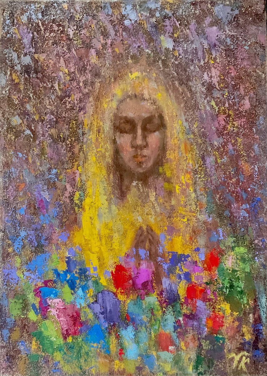 Organic Portrait Oil Painting By Vera Klimova, 20 X 28", Madonna Wiht Flowers, Original Artwork