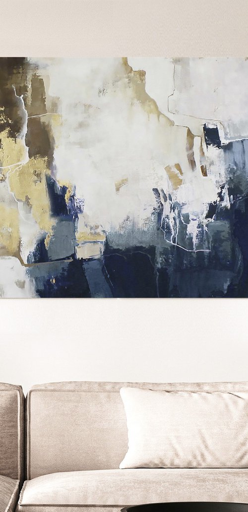 "Blue Flash 2" Navy blue brown abstract art by Yana Sagan