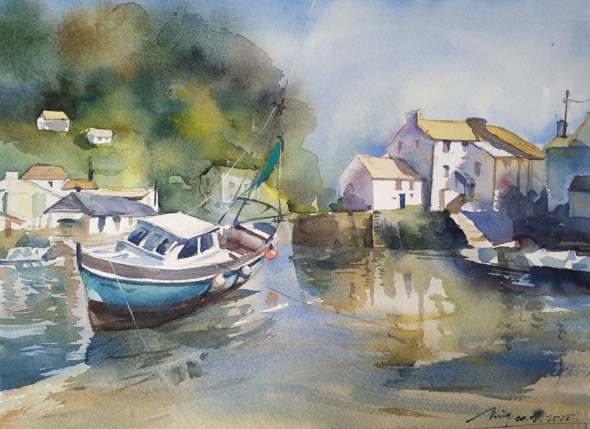 Impressionistic Landscape Watercolour By Jing Chen, 15 X 11, Water Town, Original Artwork