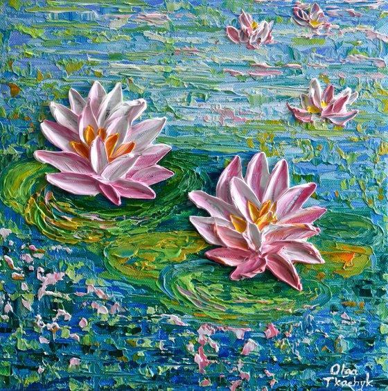 Water Lilies at the Park - Impasto Floral Art