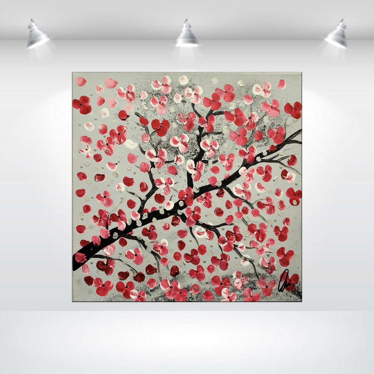 Abstract Botanical Acrylic Painting By Edelgard Schroer, 16 X 16, Cherry Blooming, Original Artwork