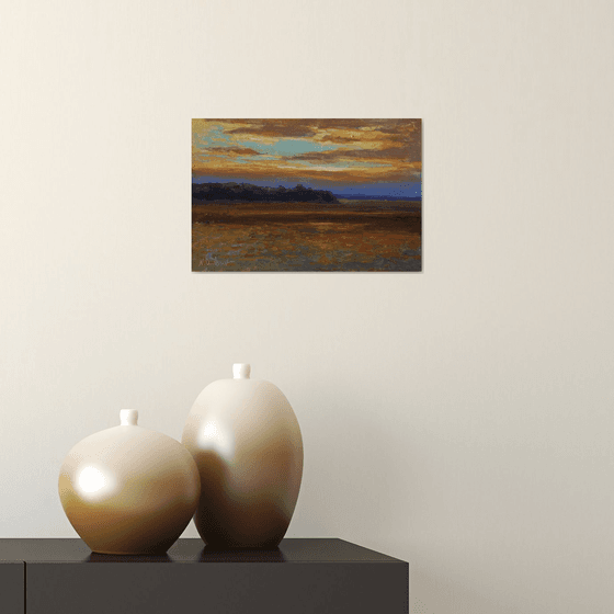 The Golden Sunset - original sunny landscape, painting