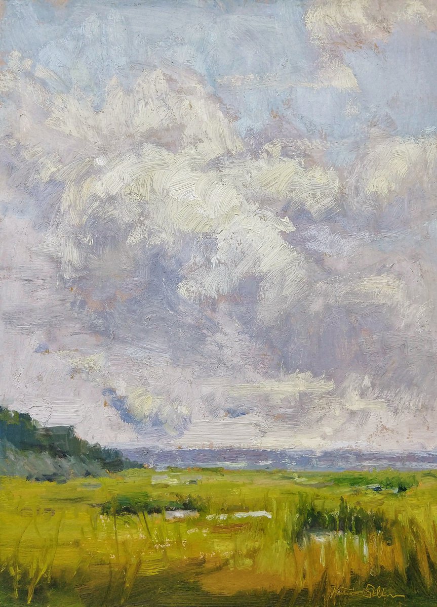 Impressionistic Landscape Oil Painting By Kristina Sellers, 9 X 12", Barnegat Skies, Original Artwork