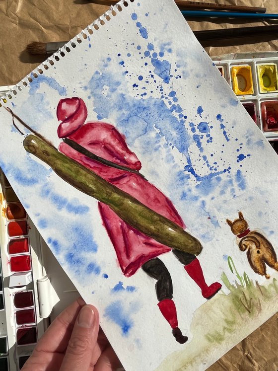 Fishing Painting Woman Original Art Pink Coat Watercolor Dog Artwork Fisherwoman Home Wall Art 8 by 12" by Halyna Kirichenko