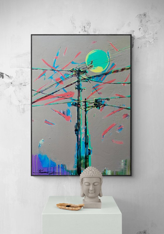 Urban painting - "Green Sun" - Pop art - Bright - Street art - Sunset - City - Street - Grey&Green