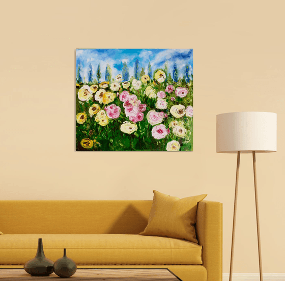 WHITE PINK YELLOW  ROSES landscape with  cypress trees palette  knife modern still life  flowers office home decor gift