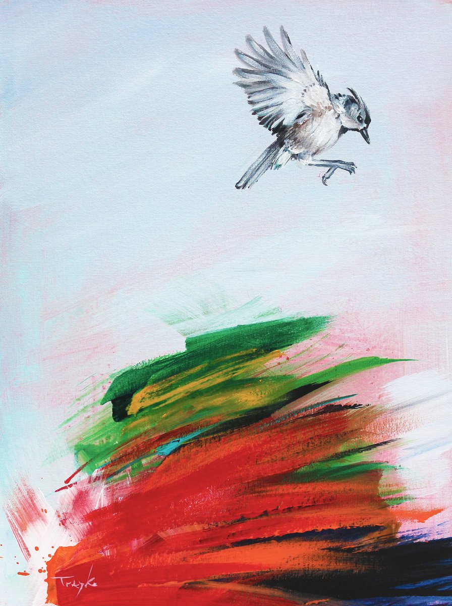 Impressionistic Animal Acrylic Painting By Trayko Popov, 12 X 16", Small Bird, Original Artwork
