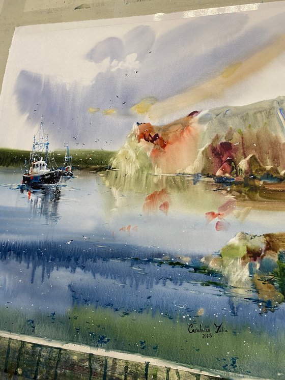 Watercolor "Old fishing boat” gift For Him