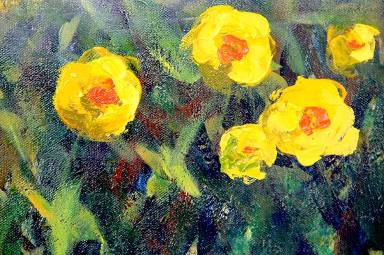 Morning in the forest with fog and yellow flowers. Original oil painting