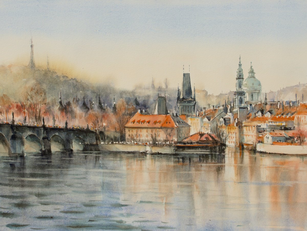 Impressionistic Cityscapes Watercolour By Eve Mazur, 16 X 12, Prague, Original Artwork