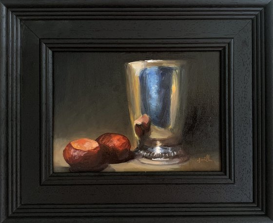 Original Oil Still Life Conkers with Antique Silver Goblet.