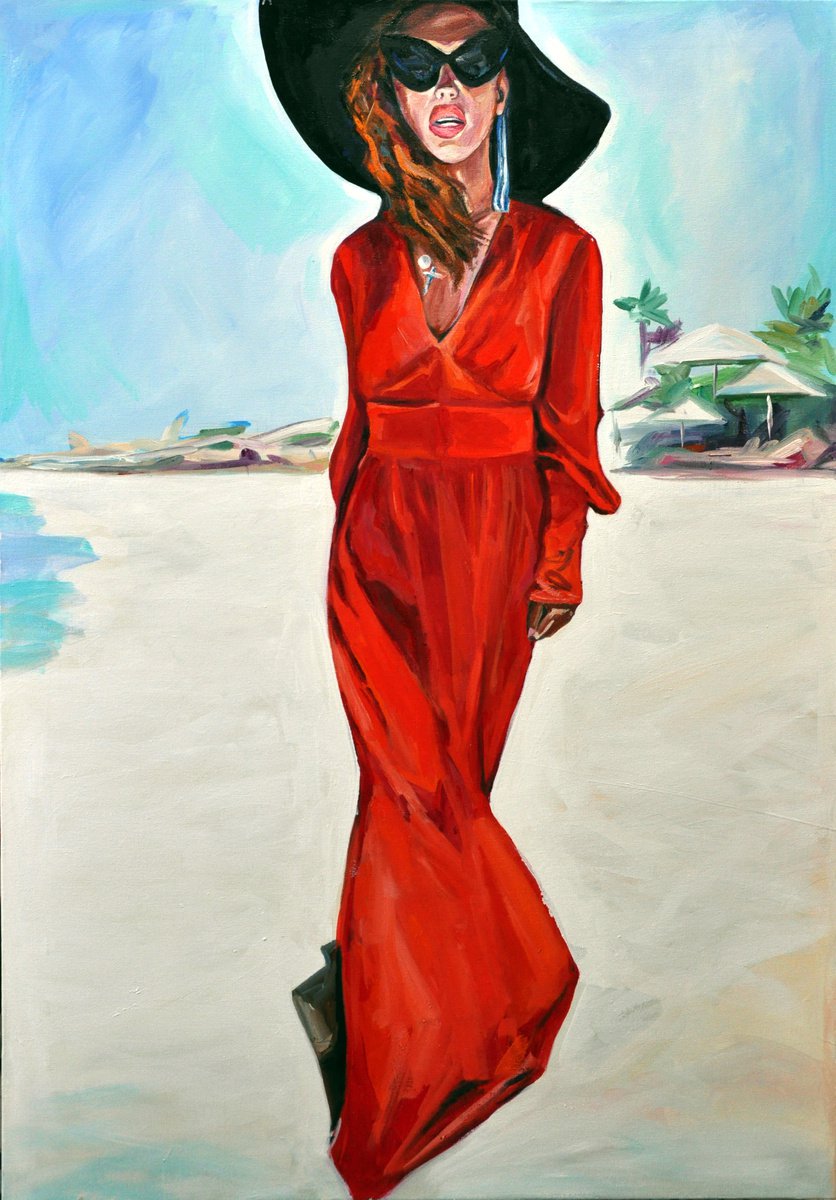 WOMAN IN RED - red dress, woman, beach, black hat, sunglasses, oil painting, gift, dream by Sasha Robinson