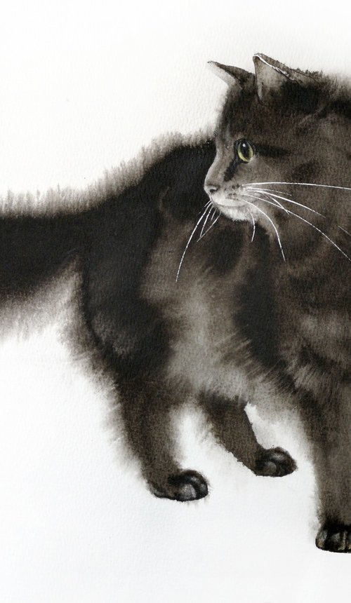 Fluffy Black Cat by Olga Beliaeva Watercolour