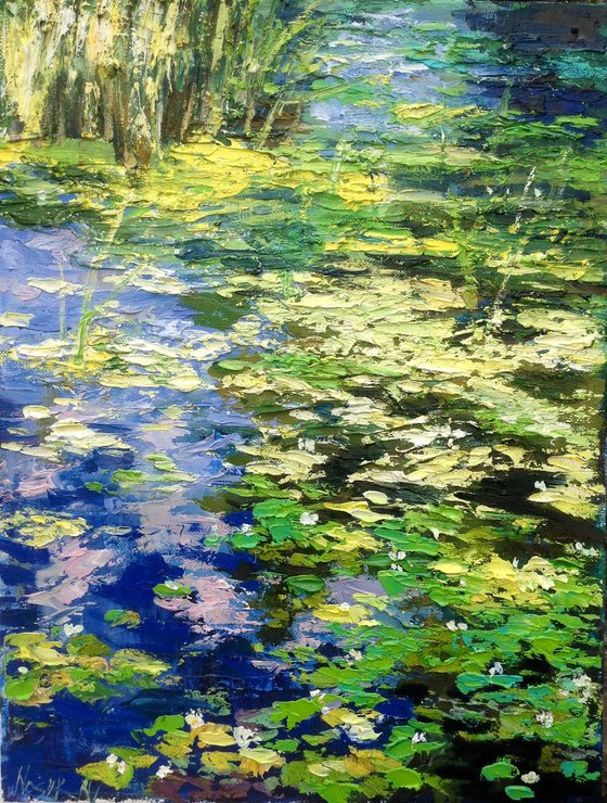 Abstract water lilies pond oil painting landscape river sunlight