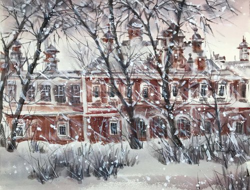 Old manor in winter. one of a kind, gift, original painting. by Galina Poloz