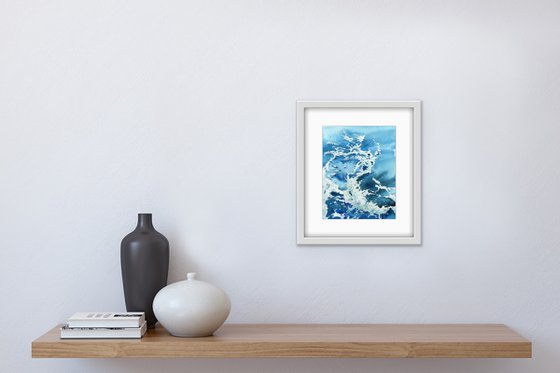 Sea waves on the coast. Original watercolor artwork.