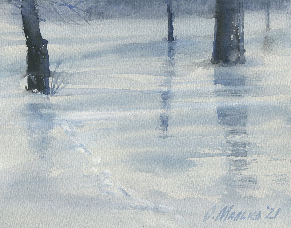 Snow and water. Winter surprise. Watercolor sketch 2 / Landscape painting. Original pictur... by Olha Malko
