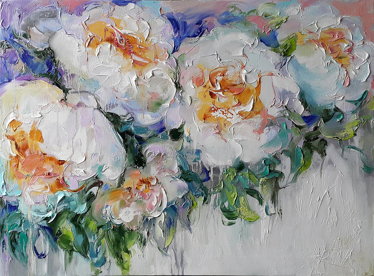 Expressive Botanical Oil Painting By Viktoria Lapteva, 31 X 24", ?harm Of White Flowers, Original Artwork