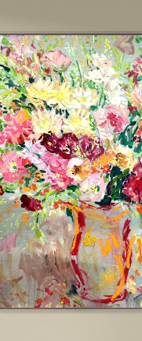 Bright flowers in a red jug by Lilia Orlova-Holmes