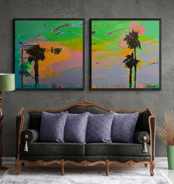 Big XXL artwork - "Green light" - Pop Art - Palm - Diptych - Street Art - Expressionism - Sunset